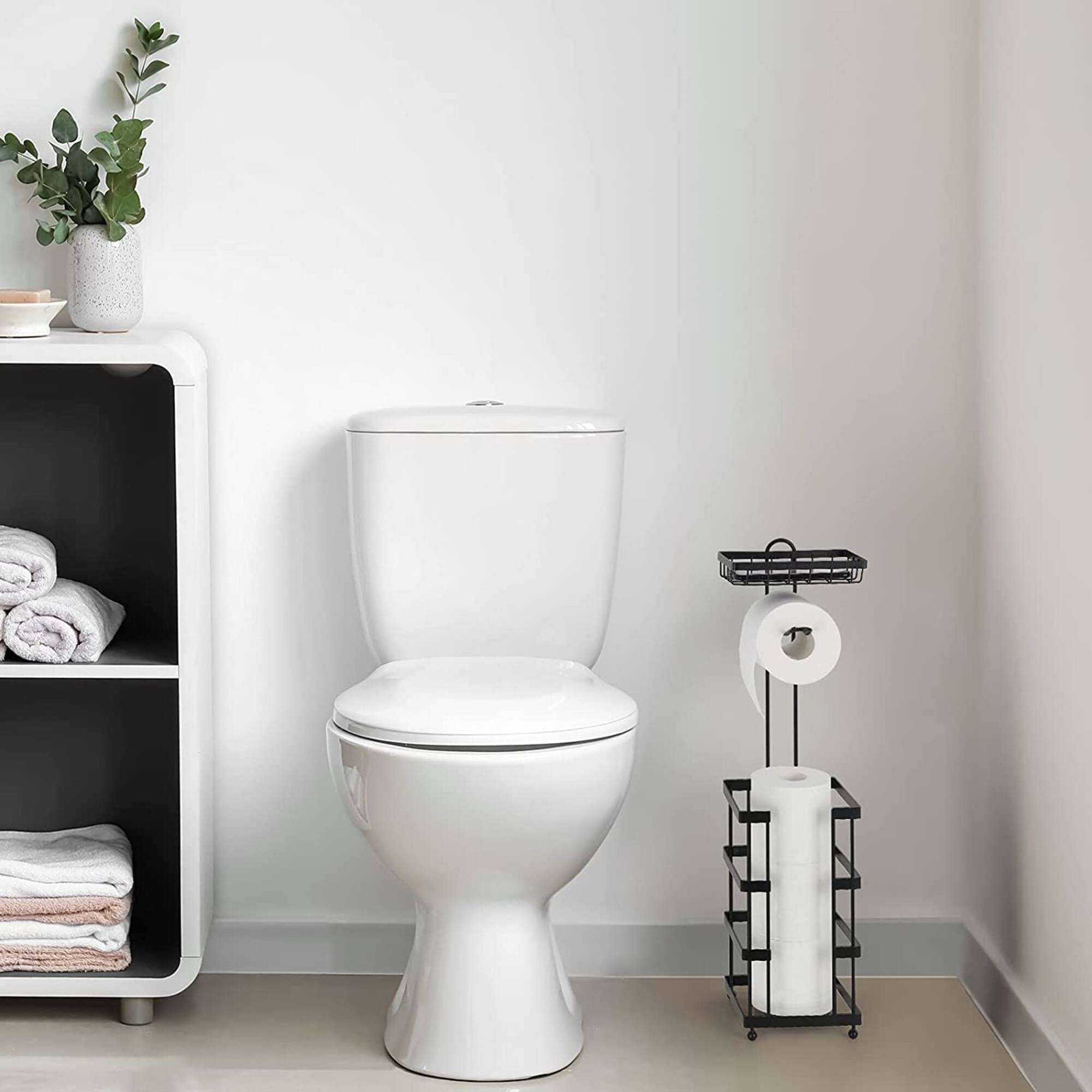 Black Freestanding Toilet Paper Holder with Basket
